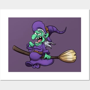 Crazy Laughing Witch On Broom Posters and Art